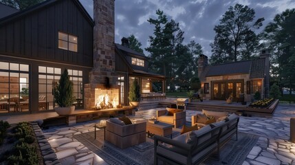 Obraz premium suburban farmhouse with a blend of rustic charm and modern amenities, featuring a large outdoor fireplace and a cozy seating area