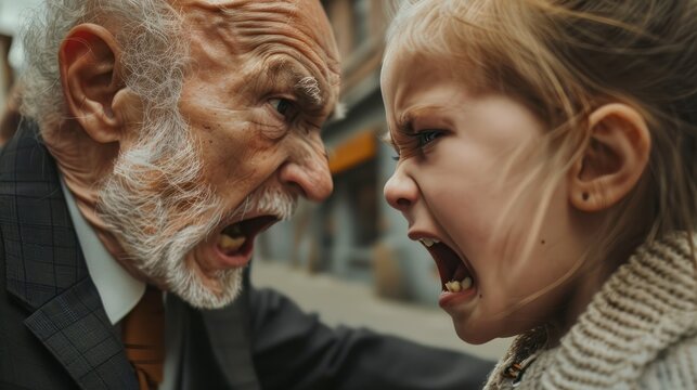 old man in a suit has a fight with a child, father and daughter or strangers meet on the street, angry and furious, shouting and insulting loudly, girl against man