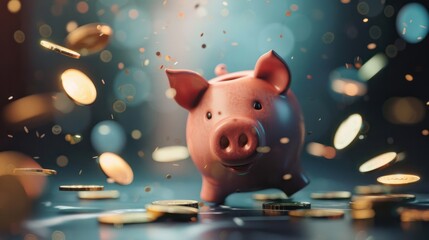 Piggy bank with falling coins. Savings and investment. Generative Ai