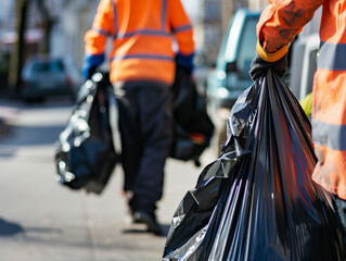 Obraz premium Garbage collectors help carry garbage bags.