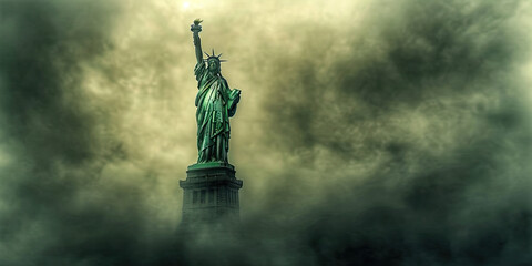 The Shining Beacon of Liberty: The Statue of Liberty standing tall against a cloudy sky, beaming a warm light down upon the city.