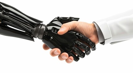Robot and human handshake. The concept of human interaction with artificial intelligence