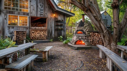 Rustic suburban farmhouse with a handcrafted stone pizza oven in the back garden, surrounded by rustic benches and a firewood storage shed