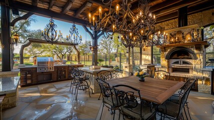 Naklejka premium Rustic suburban farmhouse with a covered outdoor kitchen and dining area, complete with a rustic wood-fired pizza oven and iron chandeliers