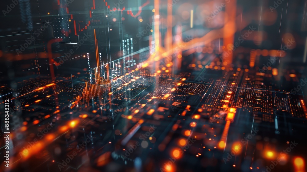 Poster technical financial market graph on abstract technology background symbolizing decrease in stock pri
