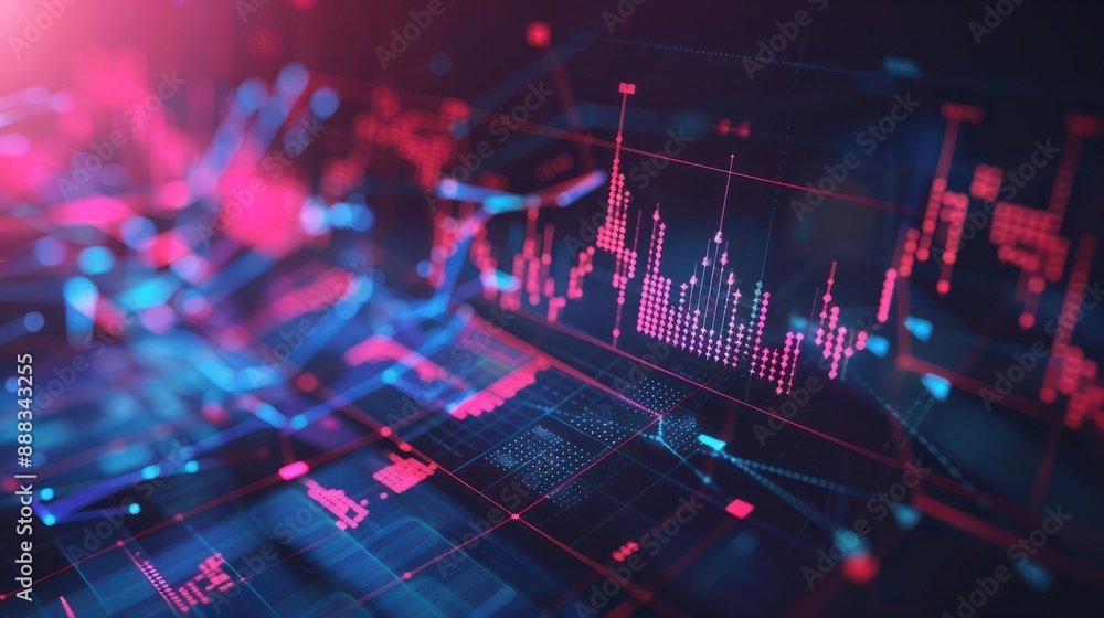 Poster technical financial market graph on abstract technology background symbolizing decrease in stock pri