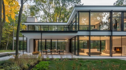 Modern suburban farmhouse with an open, airy design, large glass walls that provide views of the surrounding forested area