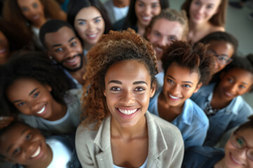 A diverse multi-ethnic group of friends smiling and looking up at the camera in an outdoor setting.The joy and unity among the friends, highlighting their happiness and togetherness.