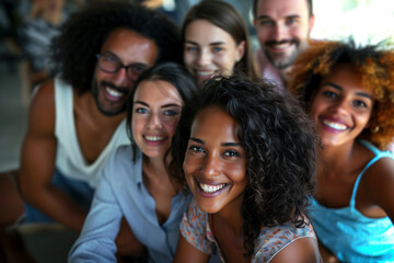Obraz premium A cheerful multi-ethnic group of friends posing together for a photo, a strong sense of camaraderie and joy. The diverse group is united in their happiness, a moment of friendship and togetherness.