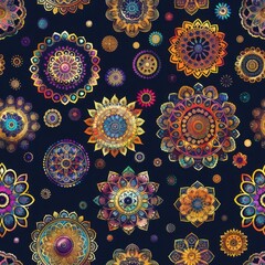 Vibrant Ethnic Mandala Patterns on Dark Background for Cultural Themes