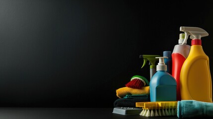 Advertising cleaning services with supplies on black background