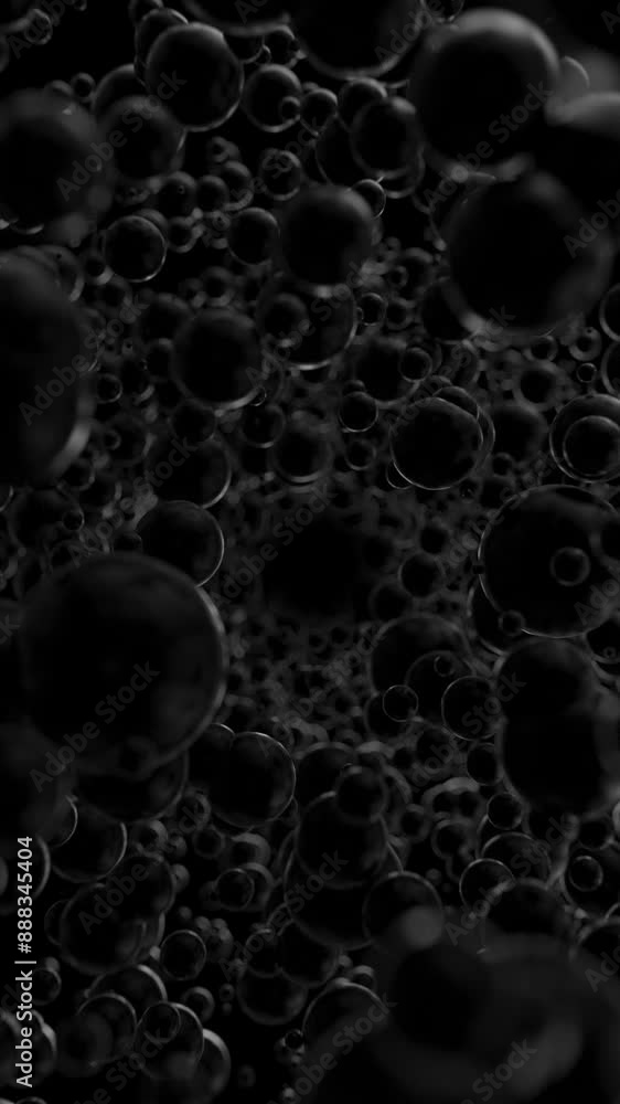 Poster fly through set of black reflective spheres. abstract dark 3d render geometric background with hover