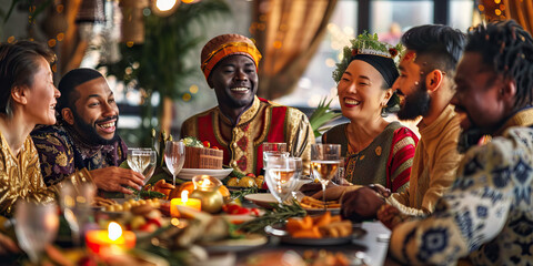 Obraz premium The Vibrant Melting Pot of American Cultures: A diverse group of people, dressed in traditional attire, laughing and enjoying each other's company around a communal dining table.