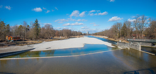 view from the weir to Isar river, landscape in february, munich upper bavaria