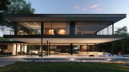 Fototapeta premium Contemporary suburban farmhouse with a sleek design featuring a cantilevered second story over a glass-walled living room