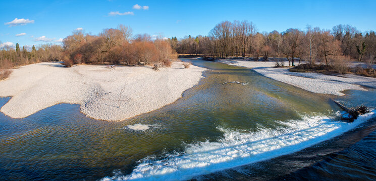 view from the Flaucher weir to Isar river, landscape in february, munich upper bavaria