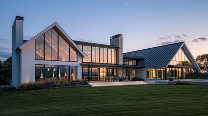 Obraz premium Contemporary suburban farmhouse with a dynamic, angular roofline and large, multi-paneled windows that provide views of the expansive property
