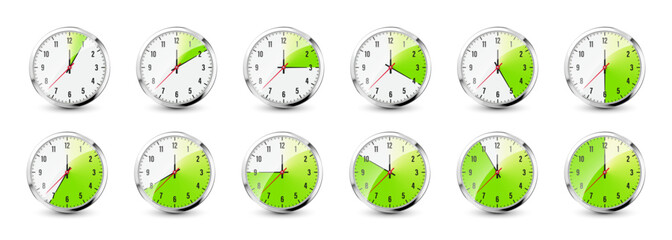 Wall clock, stopwatch icons. Shiny metal chronometer, time counter with dial. Green countdown timer showing minutes and seconds. Time measurement for sport, start and finish. Vector illustration