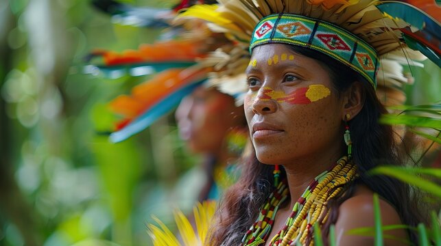 Yagua indigenous community traditional dress in Amazon park.