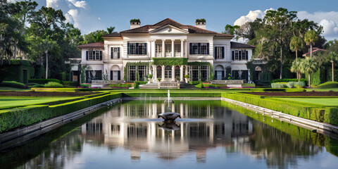 The Timeless Elegance of American Architecture: The fa&ccedil;ade of a grand colonial-style mansion, framed by perfectly manicured gardens and a serene pond.