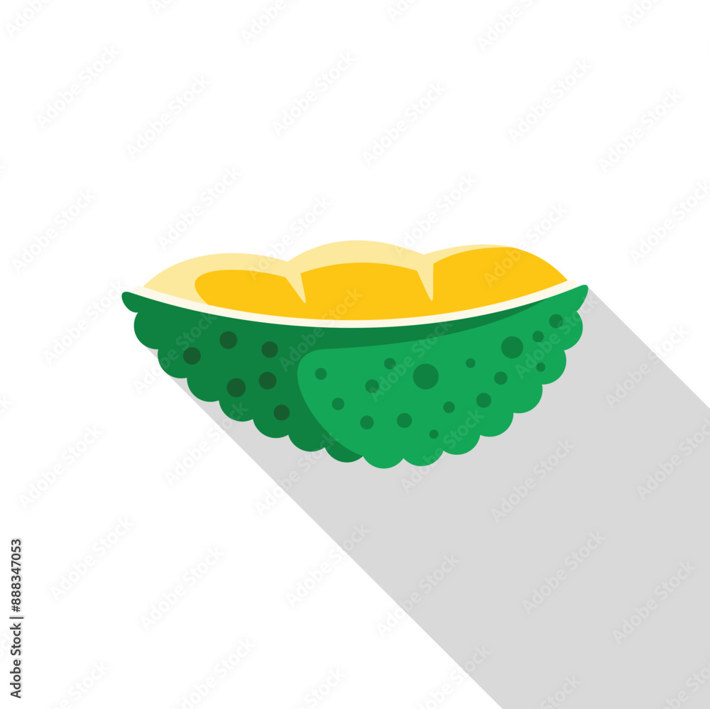 Poster ripe durian fruit open showing its inside in flat design with long shadow