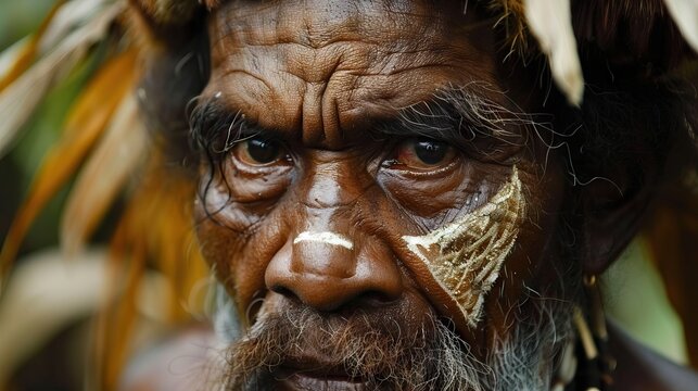 Asmat headhunters and woodcarvers in traditional tribal dress.