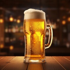 A frosty mug of golden beer with a thick foamy head sits on a wooden table
