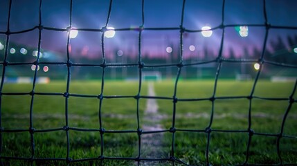 Dreamy view from behind goalposts, football arena out of focus, blurred shapes under clear night sky with stadium lights. Blurred view football arena