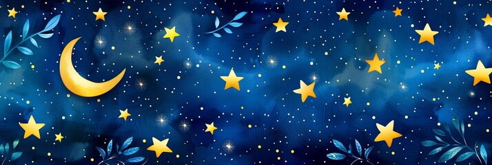 Naklejka premium Enchanting night sky illustration with golden stars, a crescent moon, and blue leaves on a deep blue background