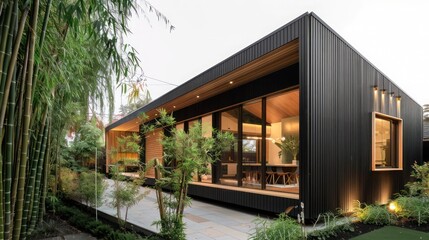 Fototapeta premium Contemporary suburban farmhouse with a sleek black exterior, accented by natural wood panels and surrounded by a bamboo garden