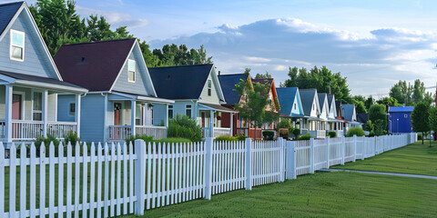 American Dream in Sight: A row of modest suburban homes with white picket fences.