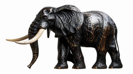 Fototapeta premium wooden statue of a black african elephant with ivory tusks and toes isolated on white blackground