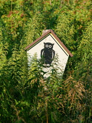 Nature reserve - sign - A yellow sign with a black owl at the forest edge of a nature reserve in Dresden. Highly visible, it indicates the protection of nature and wildlife.