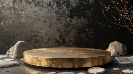 Fototapeta premium Gold and Black stone Podium background. Black Concrete Material place for the product Display Presentation. Kitchen, cosmetics, jewellery podium advertising mockup photography in luxury style.