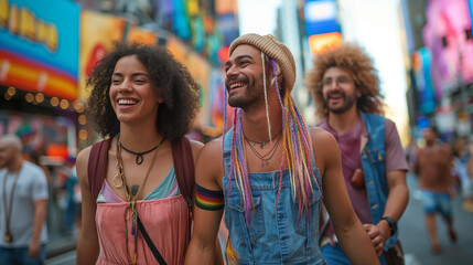 Fototapeta premium A telephoto angle photo of LGBTQ+ friends walking through a vibrant city street, holding hands and smiling, with copy space