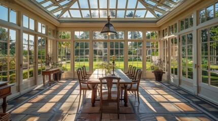 Fototapeta premium suburban farmhouse with a large, sun-drenched conservatory used as a dining room, surrounded by glass walls that offer views of the sprawling gardens