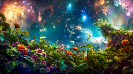 Fototapeta premium Colorful flowers growing under a galaxy sky full of stars