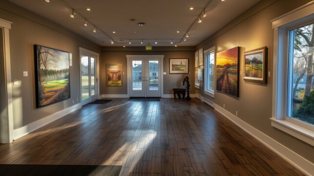 suburban farmhouse with a dedicated art gallery space, showcasing a collection of local and family artwork, with natural lighting and a sleek, modern design