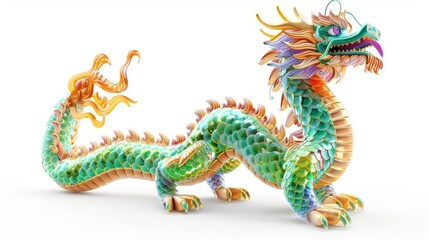 a cute digital dragon, symbol of luck, 3D render, colorful, isolated on white background