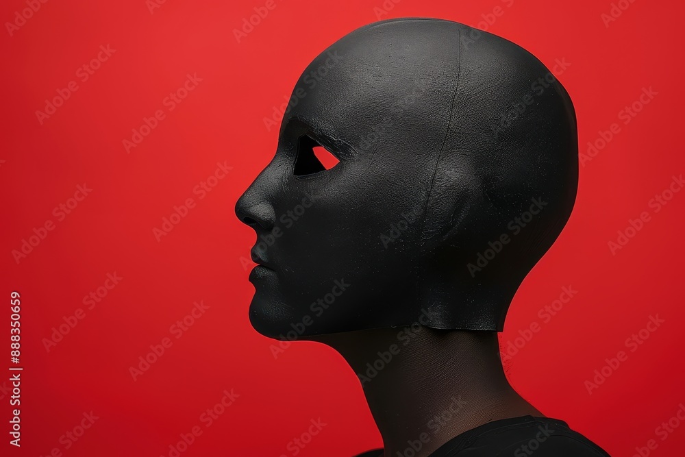 Poster conceptual portrait of a mannequin head with a red eye set against a bold red background symbolizing