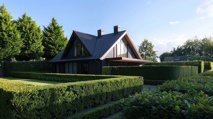 Fototapeta premium spacious modern farmhouse in the suburbs with a unique L-shaped layout, surrounded by neatly trimmed hedges