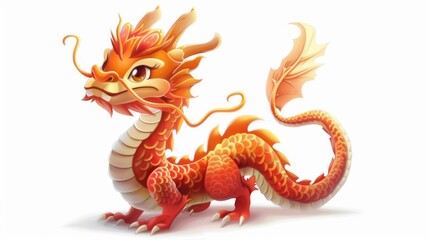 a digital dragon, lucky and cute, stylized drawing, cheerful, isolated on white background
