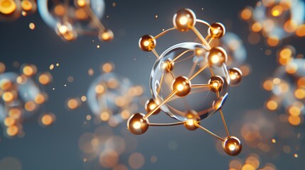 Fototapeta premium Image of a molecule with a blue and gold color scheme. Molecule is made up of spheres connected by bonds.