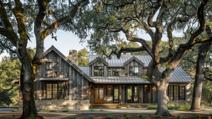 Fototapeta premium rustic yet modern suburban farmhouse with a metal roof, surrounded by mature oak trees