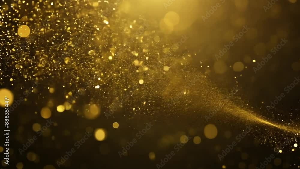 Poster golden glitter particles float in the air, creating a trail of shimmering dust against a dark backdr