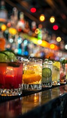 Line of alcoholic cocktails in a nightclub bar counter, colorful party drinks. Bar menu concept