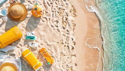 Tropical beach scene with sunbathers and swimwear on sandy shore overlooking the ocean.