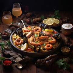 A large pan of traditional Spanish paella filled with saffron rice