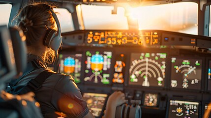 Obraz premium Female pilot operating airplane cockpit control panel during sunset