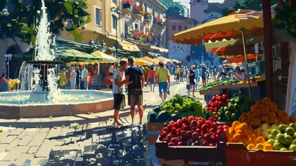 Watercolor painting of a European market.